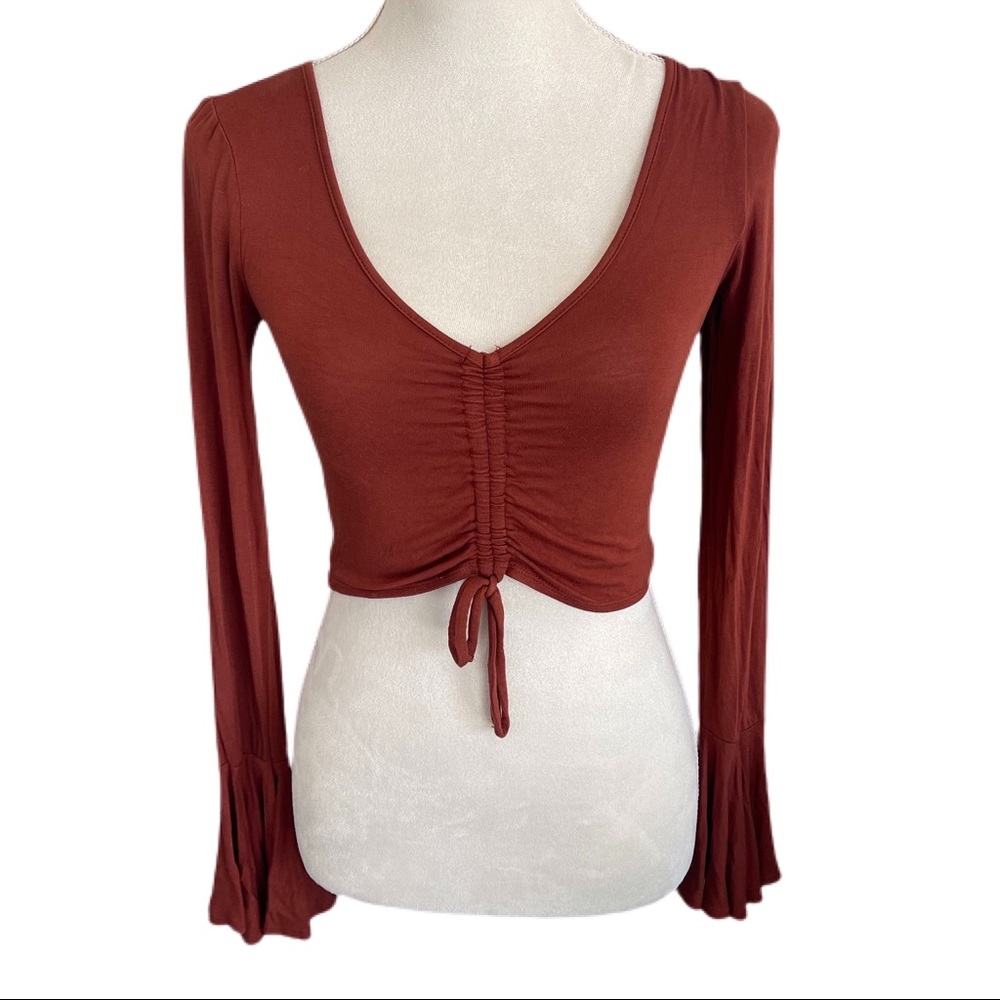Forever 21 Burnt Orange Deep V-Neck Crop Top W/ Bell Sleeves & Tie Front